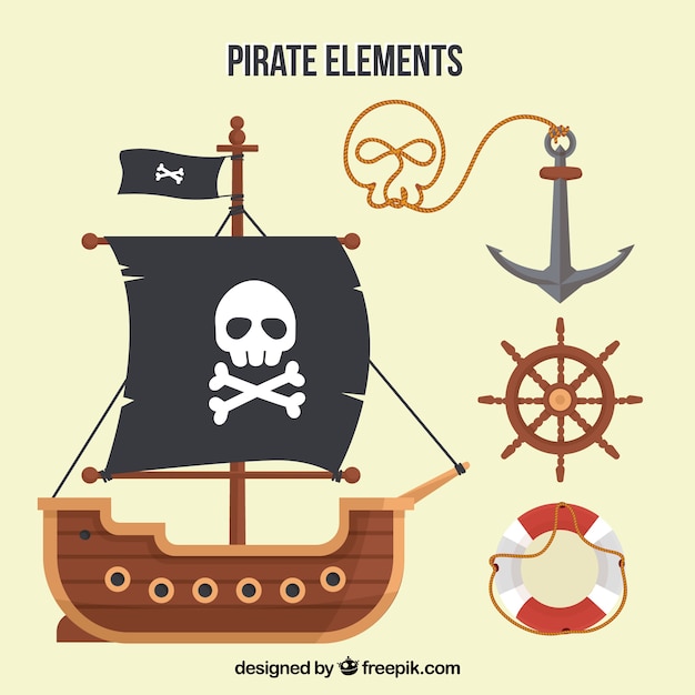 Vector gratuito barco pirata y elementos en diseño plano