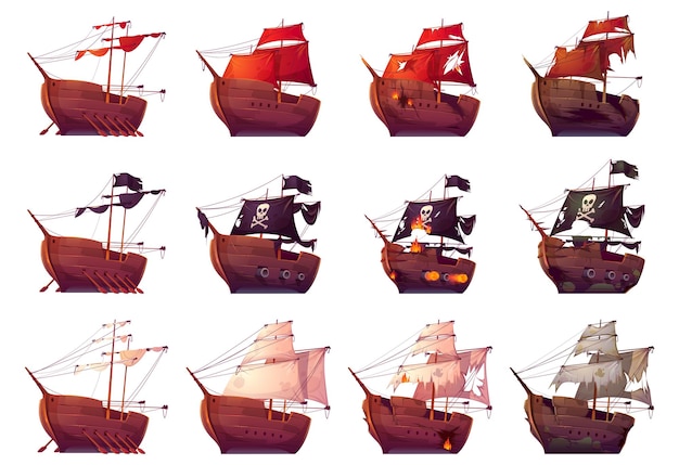 Barco pirata y galeón antes y después de la batalla naval lucha de veleros con fuego de cañón conjunto de dibujos animados vectoriales de barcos de madera con velas plegadas con bandera negra y rotas después de un naufragio o ataque