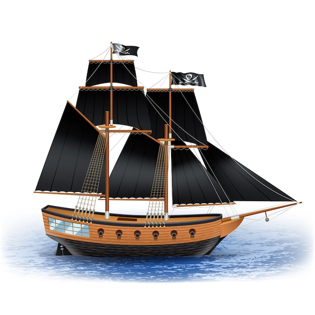 Barco pirata de madera con velas negras y bandera de Jolly Roger en el mar