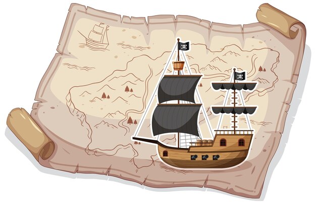 El barco pirata en el mapa del tesoro