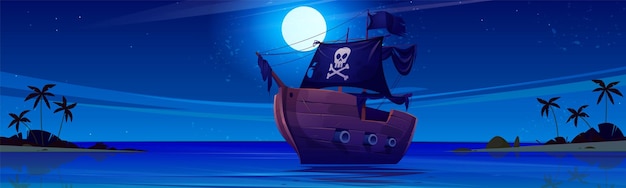 Vector gratuito barco pirata en la noche cerca de dibujos animados de playa de isla de mar