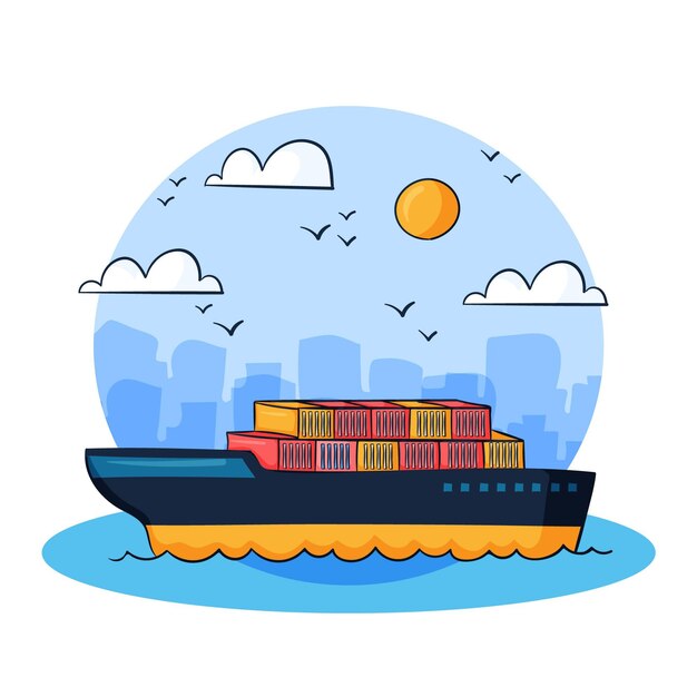 Barco portacontenedores dibujado a mano ilustrado