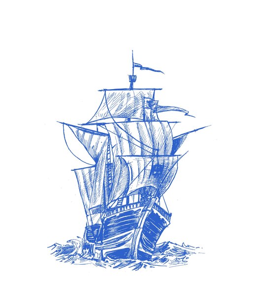 Barco con velas Póster Ilustración de vector de boceto dibujado a mano