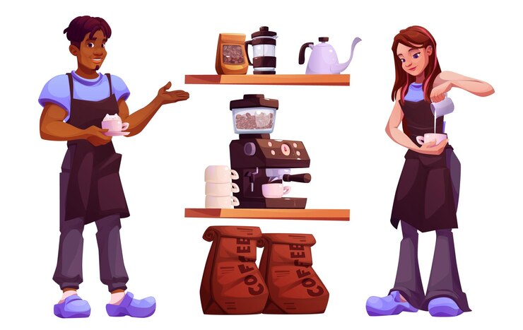Vector gratuito barista de café y taza de café para beber en la máquina