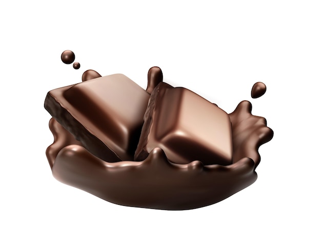 Una barra de chocolate oscuro 3D con un remolino de salpicaduras