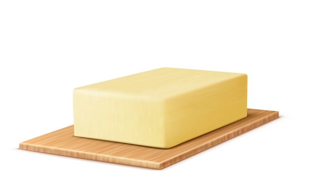 Barra de mantequilla amarilla en la tabla de cortar, margarina o extensión, producto lácteo natural