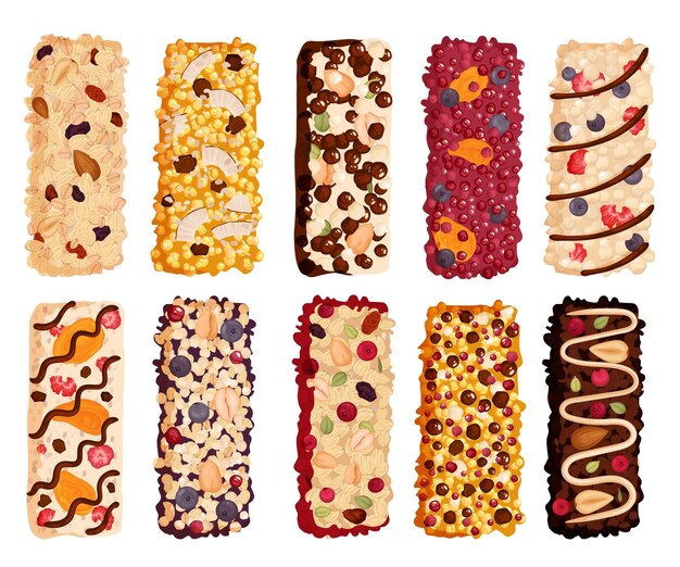 Barras de proteína de granola saludable con diez imágenes de vista superior aisladas de bocadillos en la ilustración de vector de fondo en blanco