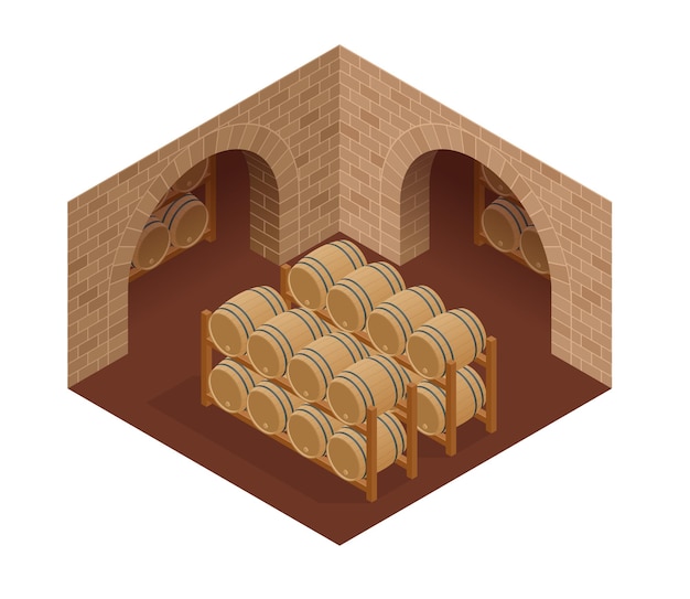 Barriles de vino apilados en la antigua bodega de la bodega. ilustración vectorial isométrica.