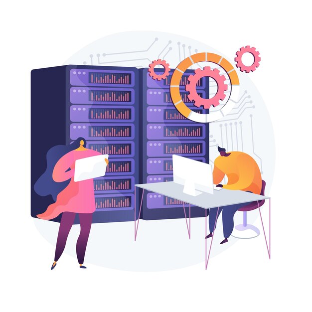 Base de datos, almacenamiento y organización de información digital. Personaje de dibujos animados de trabajador de soporte técnico. Optimización SEO, hardware informático. Ilustración de metáfora de concepto aislado de vector