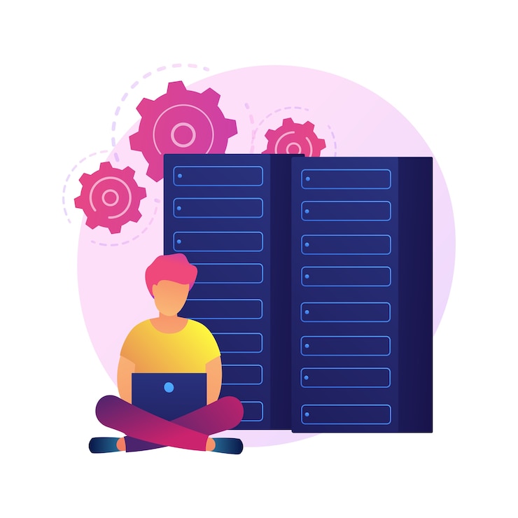Vector gratuito base de datos, almacenamiento y organización de información digital. personaje de dibujos animados de trabajador de soporte técnico. optimización seo, hardware informático