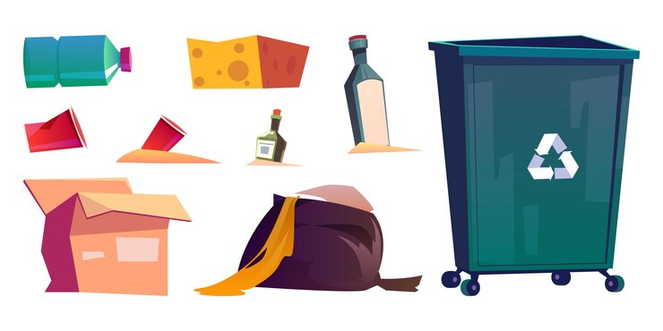Vector gratuito basura, basura, y, papelera, aislado, caricatura, conjunto