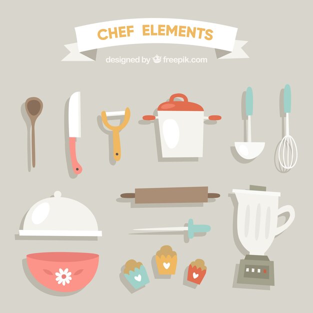 Batidora y elementos de cocina en diseño plano