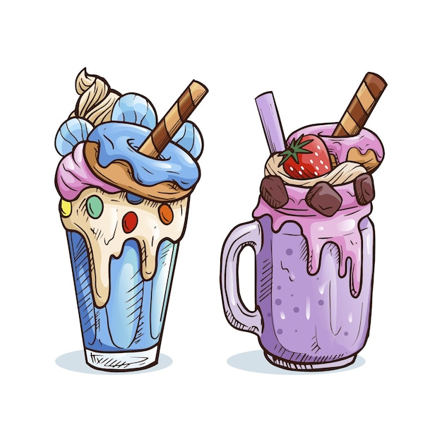 Batidos de monstruos deliciosos dibujados a mano de frutas