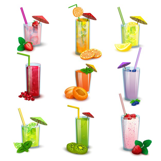 Batidos de verano bebidas conjunto de iconos planos