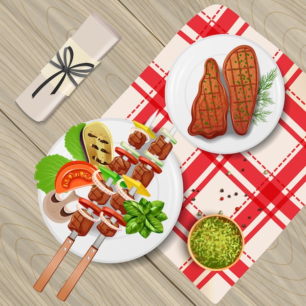 Bbq filetes y kebab con varias hierbas y verduras en la mesa de madera ilustración realista