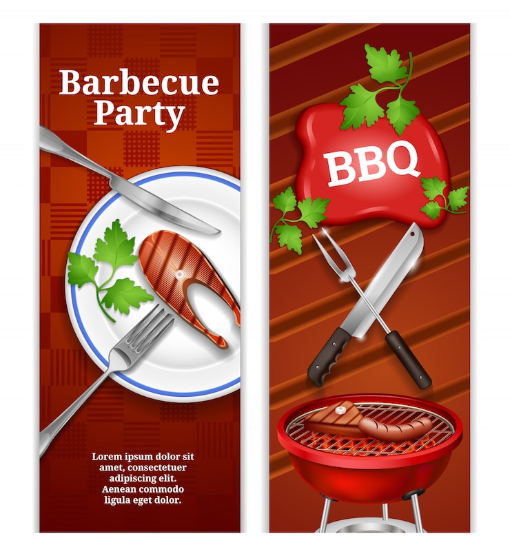 Vector gratuito bbq pancartas verticales con filete jugoso en el plato y productos de carne a la parrilla en barbacoa