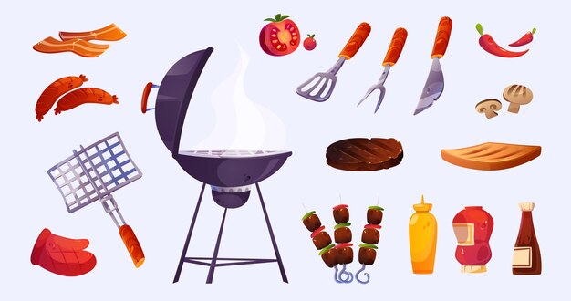 Bbq set comida de barbacoa y elementos de cosas de cocina.