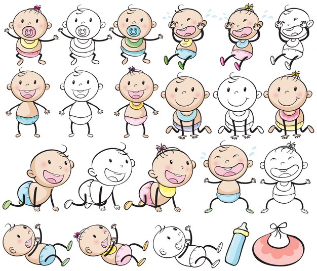 Bebé niños y niñas en diferentes puestos ilustración