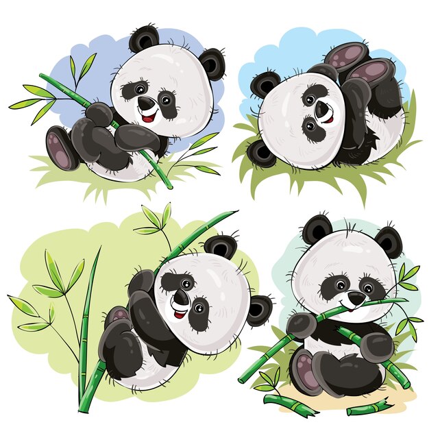Bebé oso panda juguetón con vector de dibujos animados de bambú