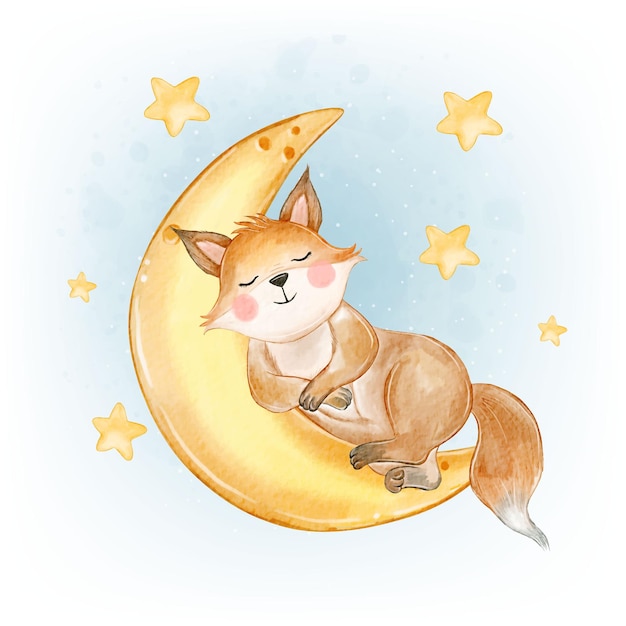 Bebé zorro adorable dormir en la luna acuarela