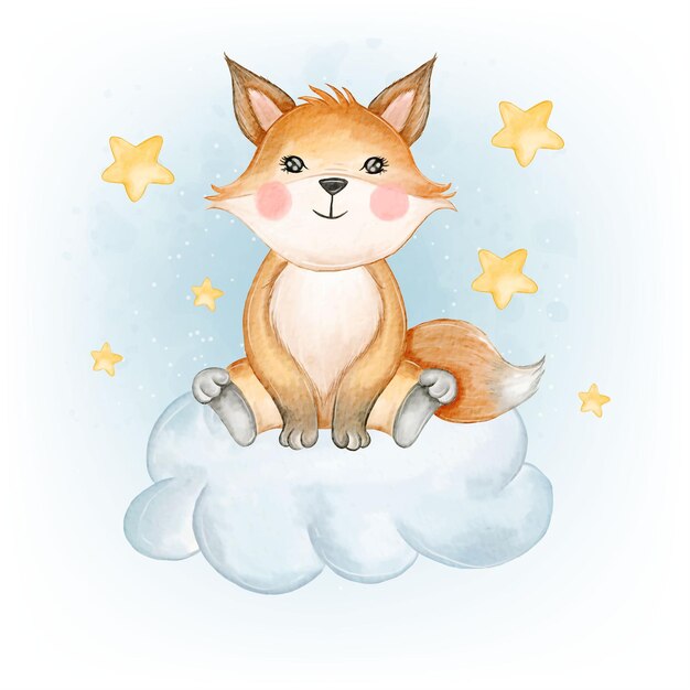 Bebé zorro adorable en la nube acuarela