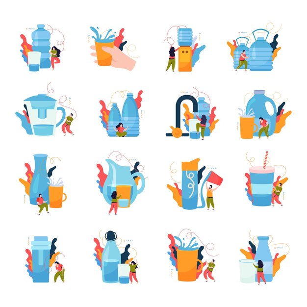 Beber agua icono plano establecer agua en diferentes volúmenes y para diferentes personas con preferencias personales ilustración vectorial