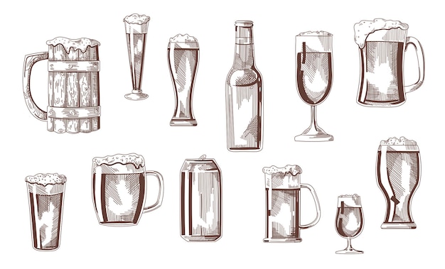 Bebida de cerveza en vasos, pintas, tazas, puede dibujar el conjunto