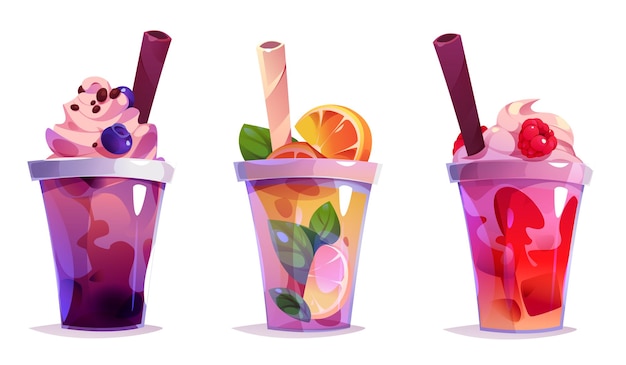 Vector gratuito bebida de leche, té de burbujas y café helado. lindos vasos de plástico con bebidas frías con jugo de fruta, chocolate, tapioca y crema para el menú de café de verano, conjunto de dibujos animados vectoriales.