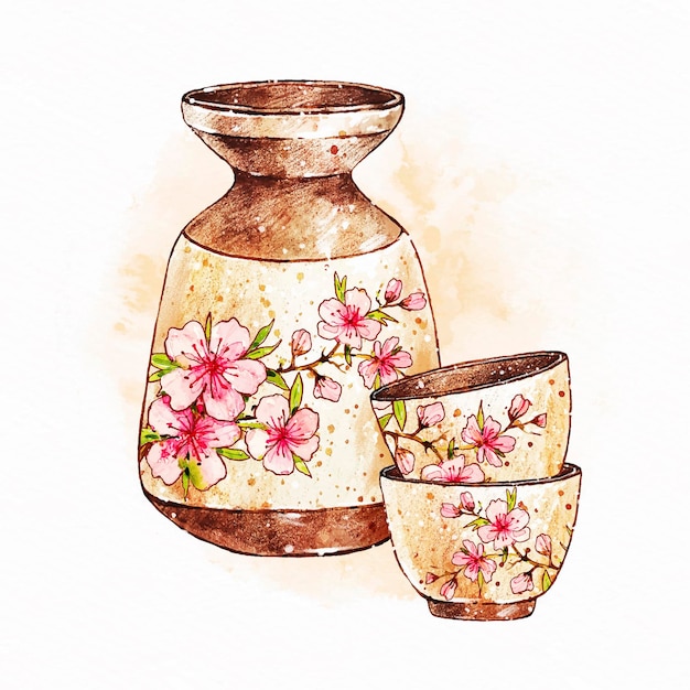 Bebida de sake japonés en copas florales