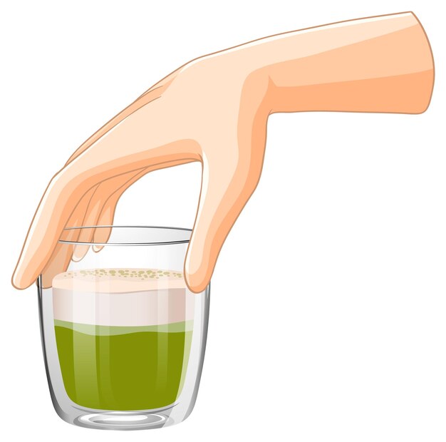 Con una bebida verde en la mano