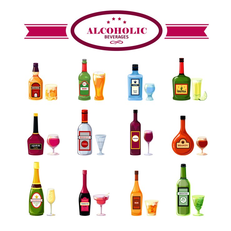Vector gratuito bebidas alcohólicas bebidas iconos planos conjunto