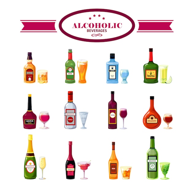 Bebidas alcohólicas bebidas iconos planos conjunto