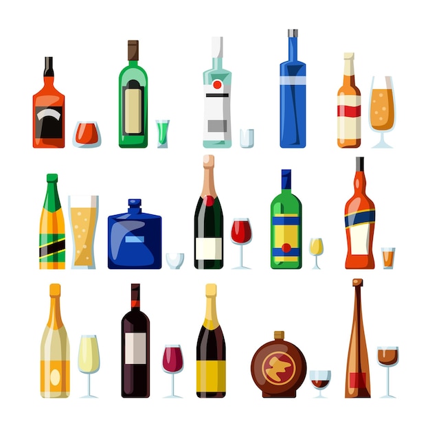 Bebidas alcohólicas en vasos y botellas de diferentes formas con etiquetas de dibujos animados vector ilustración conjunto. Cerveza, vino, whisky y otras bebidas alcohólicas