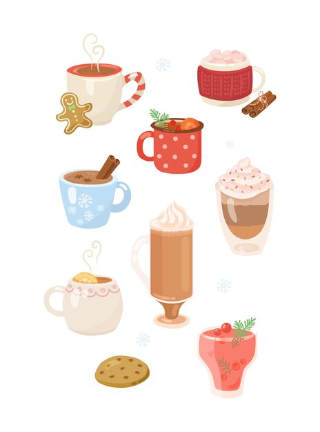 Bebidas calientes con crema batida en tazas conjunto de ilustración de dibujos animados. Bebidas coloridas de invierno, café con canela, té, cacao con malvaviscos, chocolate caliente, galleta. Bebida, vacaciones, concepto de Navidad