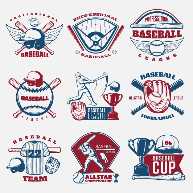Béisbol de color emblemas de equipos y torneos con campo deportivo trofeo y atuendo aislado