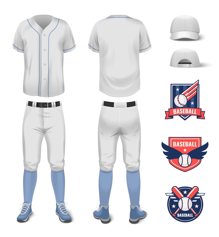 Vector gratuito béisbol deporte jersey uniforme maqueta realista con diferentes logotipos emblemas ilustración vectorial aislado