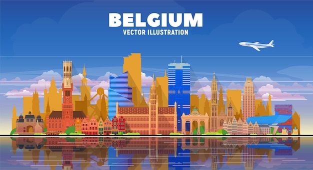 Vector gratuito bélgica ciudades bruselas brujas amberes y otra ilustración de vector de horizonte en fondo blanco concepto de turismo y viajes de negocios con famosos monumentos de francia