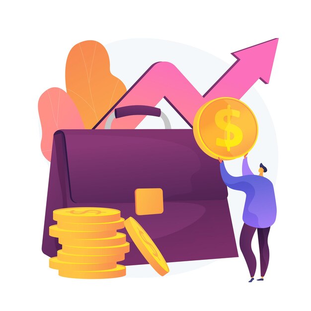 Beneficio financiero. Personaje de dibujos animados de empresario con gran maletín ganando dinero, obteniendo ingresos. Beneficio, ingresos, ganancias. Proceso de plusvalía. Ilustración de metáfora de concepto aislado de vector
