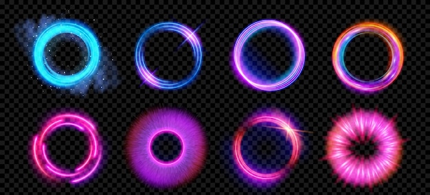 Vector gratuito bengalas de halo óptico con efecto de vector de luz de neón conjunto aislado sobre fondo transparente anillo de lente circular con brillo diseño digital 3d diseño de movimiento de velocidad radiante vórtice de energía mágica con chispa