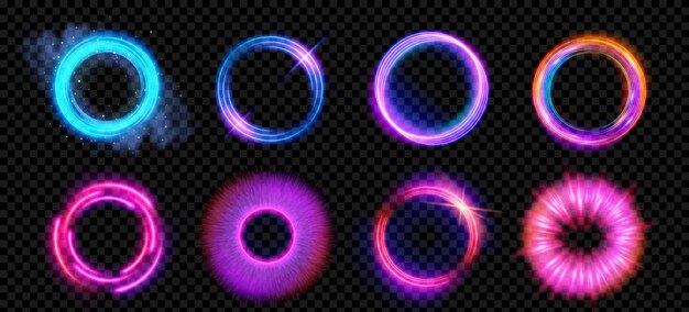 Bengalas de halo óptico con efecto de vector de luz de neón conjunto aislado sobre fondo transparente Anillo de lente circular con brillo Diseño digital 3d Diseño de movimiento de velocidad radiante Vórtice de energía mágica con chispa