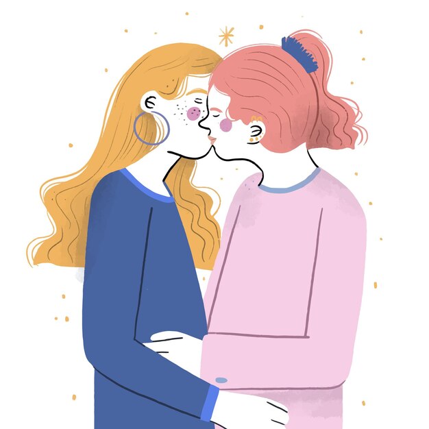 Beso lésbico dibujado a mano ilustrado