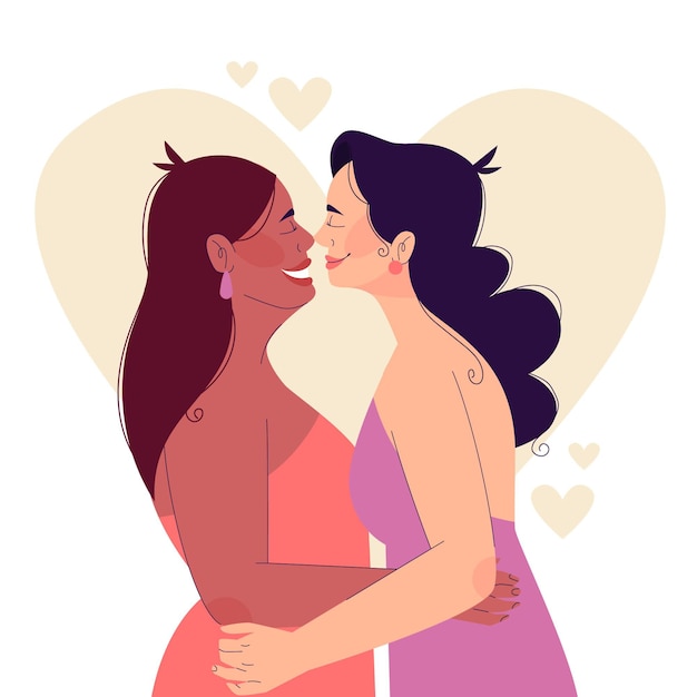 Vector gratuito beso de pareja de lesbianas de diseño plano ilustrado