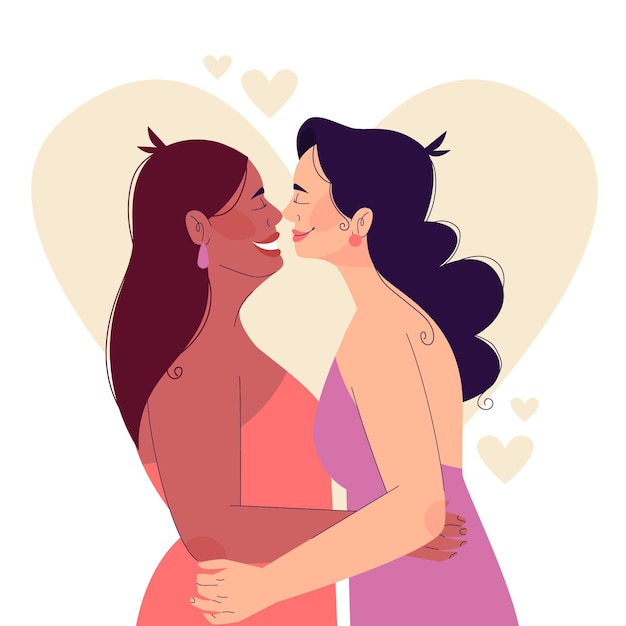 Beso de pareja de lesbianas de diseño plano ilustrado