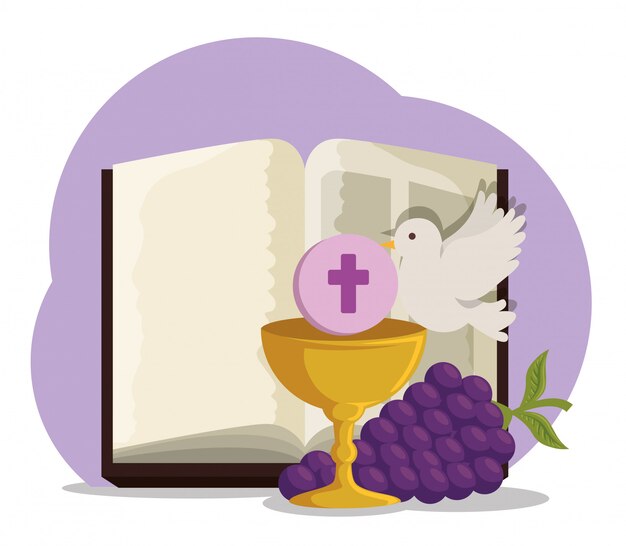 Biblia con cáliz y uvas para primera comunión