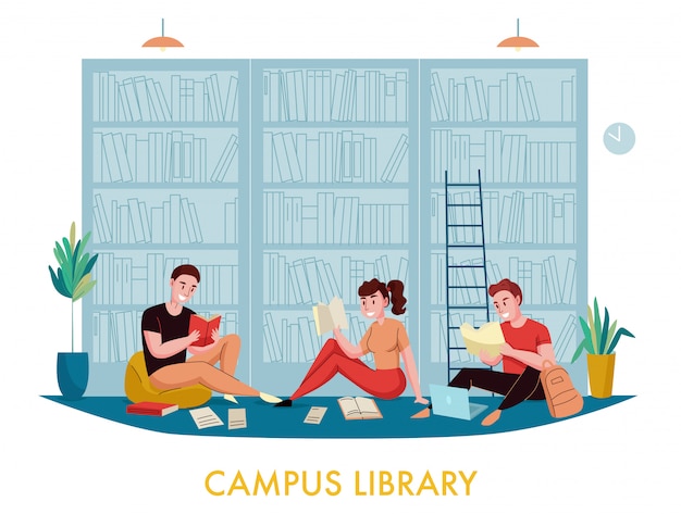 Vector gratuito biblioteca del campus universitario estanterías composición plana con estudiantes leyendo libros artículos con estanterías