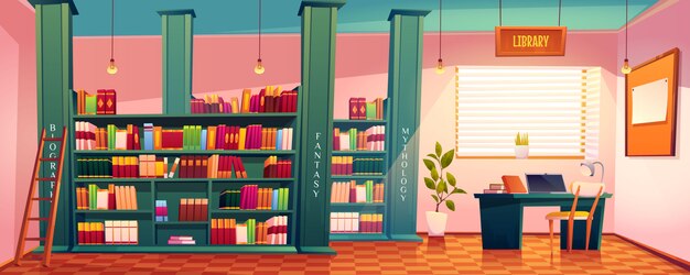 Biblioteca con libros en estanterías y escritorio para estudio.