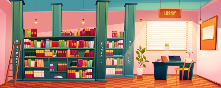 Vector gratuito biblioteca con libros en estantes y escritorio para el estudio