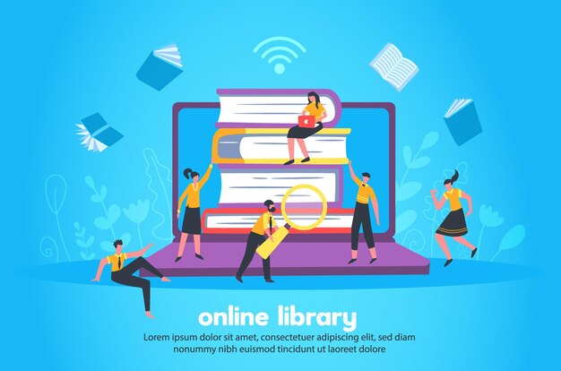 Biblioteca en línea con pila de libros y portátiles, imágenes grandes, letrero de wi fi y figuras de personas pequeñas