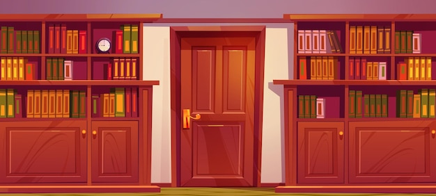 Biblioteca o gabinete con estanterías de madera y puerta Ilustración de dibujos animados vectoriales de la escuela universitaria vacía o interior de la biblioteca del hogar con libros en estantes