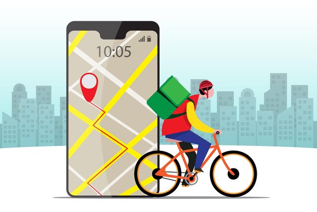 Bicicleta de entrega Personaje de dibujos animados en línea enviar orden para compartir ubicación en el teléfono inteligente Concepto de transporte de ciudad inteligente Ilustración de vector plano